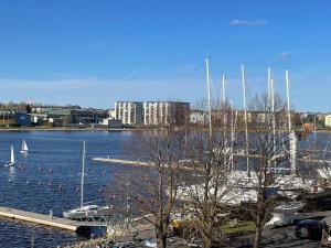 uma marina com barcos na água com uma cidade em Rannakivi Riverside apartments em Pärnu