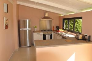 cocina con nevera de acero inoxidable y fregadero en Appartement Villa Taina piscine, en Punaauia