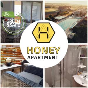 a collage of photos with the green and safe honey apartment logo at Honey Apartment in Moravske Toplice