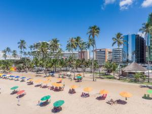 馬塞約的住宿－Hotel Brisa Tower Maceió，海滩上设有椅子和遮阳伞,棕榈树