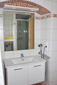 a bathroom with a white sink and a mirror at Biohof Weissensteiner in Ullrichs +24 photos