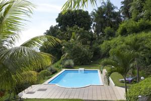 einen Pool in einem Garten mit Bäumen in der Unterkunft Appartement standing 2 chambres vue mer RES TAHIRI 3 in Punaauia