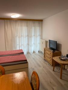 a bedroom with a bed and a tv and a table at Haus Rottachbrücke May in Tegernsee