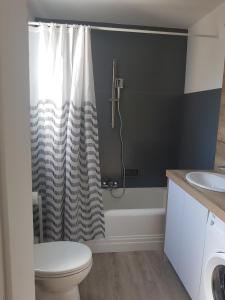 a bathroom with a toilet and a shower curtain at EOLE - Maison Saint Jean de Monts - 2 pièces - 4 personnes in Saint-Jean-de-Monts +11 photos