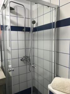 łazienka z prysznicem wyłożona jest niebieskimi i białymi kafelkami. w obiekcie A Cabana w mieście Angra do Heroísmo