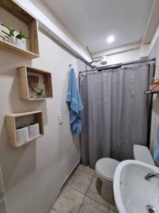 een badkamer met een douche, een toilet en een wastafel bij ACOGEDOR APT/STUDIO EN LA CIUDAD DE SANTA TECLA in Nueva San Salvador