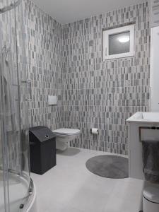 希貝尼克的住宿－Apartman Stella Marina，浴室配有卫生间、盥洗盆和淋浴。
