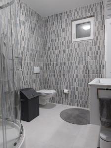 a bathroom with a toilet and a sink and a shower at Apartman Stella Marina in Šibenik +15 photos