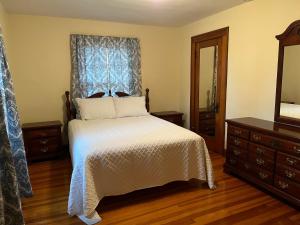 een slaapkamer met een bed, een dressoir en een spiegel bij Historic Downtown Brownsburg Home w/Charm in Brownsburg