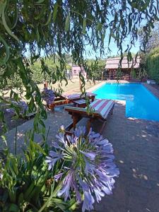 una piscina con una mesa de picnic junto a en Quinta El Cholito en Luján