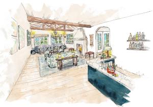 an illustration of a living room with a watercolor at Villa Mara Carmel in Carmel