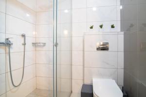 a bathroom with a glass shower with a toilet at Happiness Apartment in Laganas