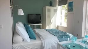 a bedroom with a bed with blue pillows and a television at Huize de Weijde Blick in Wijk aan Zee