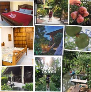 a collage of photos of a hotel room and a collage of photos at Baan Loylom Farmstay in Amphawa