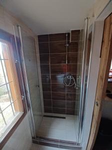 a shower with a glass door in a bathroom at Chata FORESTINA in Vyšné Ružbachy +31 photos