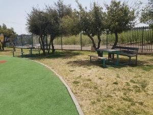 a group of picnic tables and trees in a park at צימר ימאמה in Buq‘ātā
