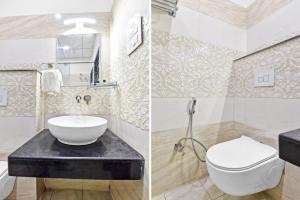 two pictures of a bathroom with a toilet and a sink at Hotel Shakun Palace in Kota