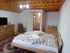 a bedroom with a large bed and a television at Elza Guesthouse in Rimetea