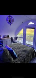 a bedroom with a bed and a large window at The Cozy Cub in Romsey