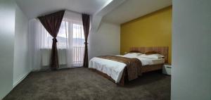 um quarto com uma cama e uma grande janela em Pensiunea Casa Maia em Neagra Şarului