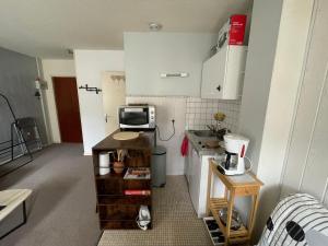 a small kitchen with a sink and a microwave at Superbe Appartement au bord de la rivière in Ax-les-Thermes