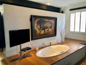 Un baño con lavabo y un cuadro de un caballo. en Elegant penthouse LOFT of 250 m2 in city centre with huge roofgarden 80 m2, en Ámsterdam 29 fotos más