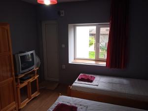 Cette chambre comprend deux lits, une fenêtre et une télévision. dans l'établissement Draganov House, à Durankulak