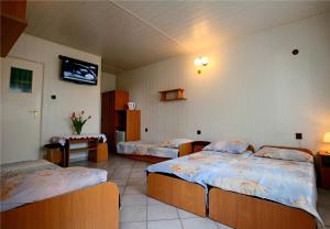a hotel room with two beds and a tv at Nella - Pokoje gościnne in Ostrowo