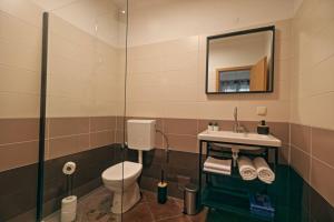 bagno con servizi igienici, lavandino e specchio di Apartman Studio Pesja a Omišalj (Castelmuschio)