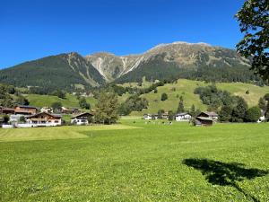 un campo verde con case e montagne sullo sfondo di WEF luxury living a Klosters
