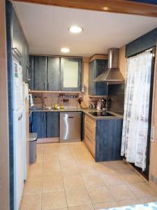 cocina con armarios azules, fregadero y lavavajillas en Apartamento para 6 personas en Barbastro, en Barbastro