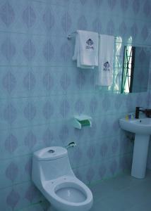 Łazienka z białą toaletą i umywalką w obiekcie TRAVELLERS HOMELY w mieście Ado Ekiti