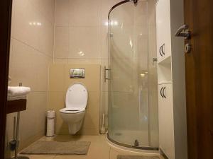 a small bathroom with a toilet and a shower at Apartmán Mountain View - Tatragolf C in Veľká Lomnica