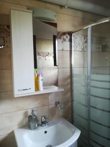 a bathroom with a sink and a mirror and a shower at Argyro House I in Rethymno Town