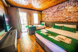 ウズンギョルにあるInanlar Premium Suites & Villasのベッドルーム(ベッド2台、テレビ付)