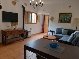 een woonkamer met een bank en een tafel bij Peaceful house set on a vineyard & work friendly in Valsequillo
