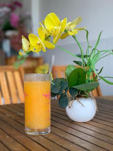 a glass of beer sitting on a table with a plant at Minh Hoàng Hotel in Tuy Hoa