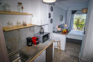 a kitchen with a sink and a bed in a room at la piccola montagna in Kynopiástai