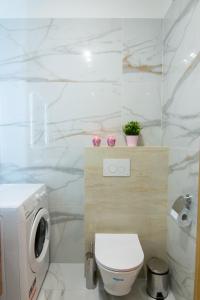 a bathroom with a toilet and a washing machine at Maya's Flats & Resorts 48 - Szafarnia in Gdańsk