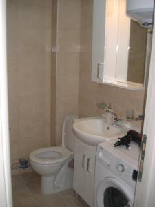 a bathroom with a toilet and a sink and a washing machine at Apartman Lipa in Bar +3 photos