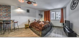 een slaapkamer met een groot bed en een televisie bij Duna Aréna Boutique Apartment in Boedapest
