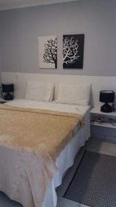 łóżko w sypialni z dwoma zdjęciami na ścianie w obiekcie Yes Vancouver Flats w mieście Corumbá