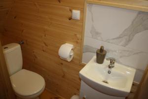 a bathroom with a white sink and a toilet at Gajówka Żłobek in Żłobek +38 photos