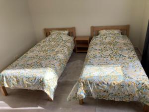 two beds sitting next to each other in a room at LUČI jūras apartamenti in Roja