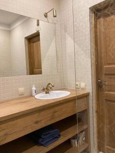 a bathroom with a sink and a mirror at LUČI jūras apartamenti in Roja