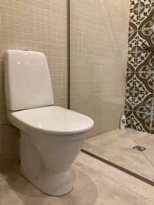 a bathroom with a white toilet in a shower at LUČI jūras apartamenti in Roja