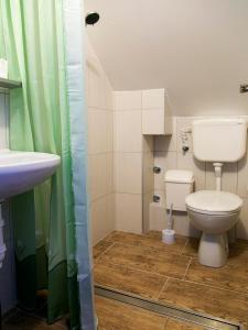 małą łazienkę z toaletą i umywalką w obiekcie Varad INN w Nowym Sadzie