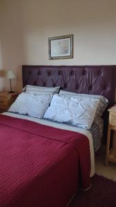 a large bed with a red comforter and white pillows at Cabañas Y Departamentos Bettylu in Villa Cura Brochero +30 photos