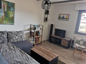 a living room with a couch and a tv at Appartement Torgon in Vionnaz