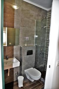 een badkamer met een toilet, een wastafel en een douche bij Virginia Rooms in Olympiakí Aktí